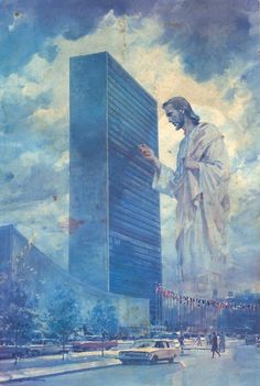 a painting of jesus standing in front of a tall building with his hands on the door