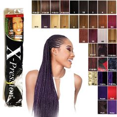 "X-pression Xpression Expression 100% Kanekalon 82\" Braiding Hair OUTRE X-PRESSION Kanekalon Braid Hair Sensationnel x-pression Braid Hair Made in Senegal Hot water to use Flame Retardant Fiber Super Light Tangle Free Easy to Braid This is the best hair choice for your DIY styles. Save yourself time and frustration by purchasing this pre-stretched braiding hair. Buy your packs TODAY! For Box braids, Crochet Braids, Rope twists, Faux locs, French Braids. GREAT FOR WAIST-LENGTH BRAID STYLES D I S Xpression Hair, Kanekalon Braids, Braiding Hair Colors, Plait Braid, Plaits Hairstyles, Braid In Hair Extensions, Braid Hair, Braiding Hair, Plaits