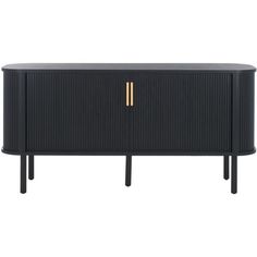 the sideboard is black with gold handles and two drawers on each side, it has a