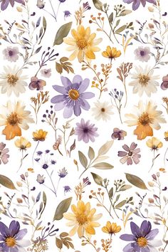 watercolor flowers and leaves on a white background with yellow, purple, and orange colors