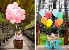 a baby in a basket on a bridge with balloons and one balloon attached to it