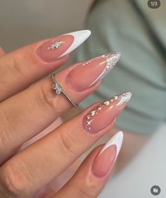 Bling Almond Nails Designs, French Tip With Design Almond, French Tip Acrylic Nails Almond With Gems, Moon And Stars Nail Designs, Almond Nails French Tip With Gems, French Tip Almond Nails With Jewels, White Almond Nails Designs, Glam French Tip Nails, White French Tip Nails Almond With Diamonds