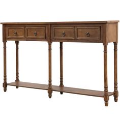 a wooden console table with three drawers