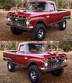 two pictures of an old red pickup truck