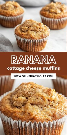 banana cottage cheese muffins on a white surface with text overlay that reads, banana cottage cheese muffins