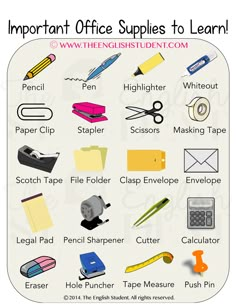 different types of office supplies to learn