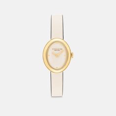 Designed with a modern minimalist sensibility the Sammy is a refined timepiece perfect for everyday. Finished with a leather strap this gold tone watch features a lacquer dial detailed with polished gold tone markers. | Coach Sammy Watch, 22 Mm - Women's - Chalk Chic Gold Watch With Rectangular Dial, Classic Evening Watch With Metal Dial, Minimalist Gold Watch With Leather Strap, Chic Gold Watches For Work, Everyday Luxury Watches With Polished Finish, Minimalist Gold Leather Watch, Chic Formal Watch With Metal Dial, Elegant Everyday Watch With Polished Finish, Chic Formal Watches With Metal Dial