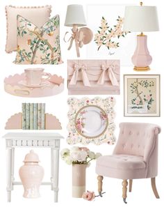 a collage of pink and white decor with flowers, books, vases, lamps, pictures, and other items