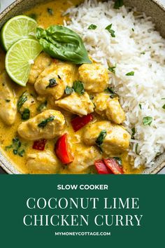 slow cooker coconut lime chicken curry in a bowl with rice and garnish