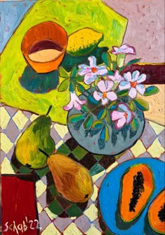 a painting of flowers and fruit on a table with a bowl of fruit next to it