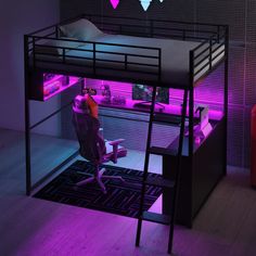 there is a bunk bed with purple lights in the room and a chair on the floor