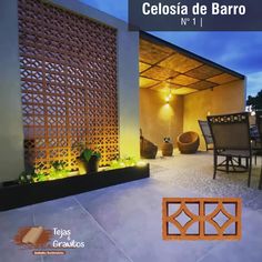 the cover of a magazine with an outdoor dining area and patio in the background at night