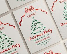 six christmas party cards with red and green designs