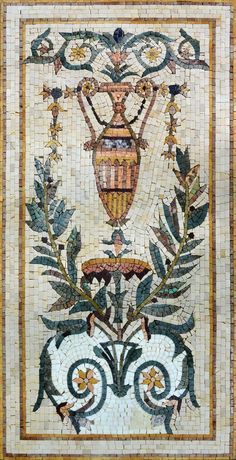 an artistic mosaic work with flowers and vases on it's side, surrounded by leaves