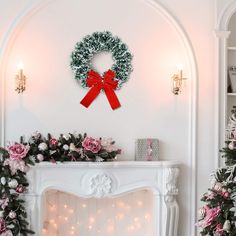 a decorated christmas tree in front of a fireplace with a wreath on the mantel