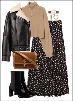 Floral skirt, beige turtle neck,Black shearling jacket, black ankle boots, daniel Wellington watch Trendy Dress Styles 2023, Chic Winter Dress Outfit, Rich Lady Outfit Casual, Outfit Ideas Classy Elegant, Lookbook Outfits Autumn, Modest Winter Fashion, Paris Fall Fashion, Chique Outfit, Modest Fashion Outfits