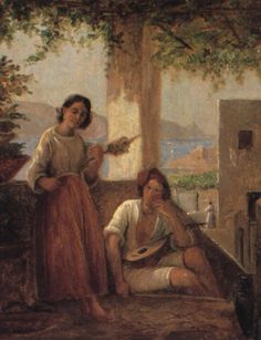 a painting of two women sitting on a porch, one holding a fan and the other looking at something