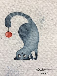 a painting of a cat with an apple hanging from it's tail