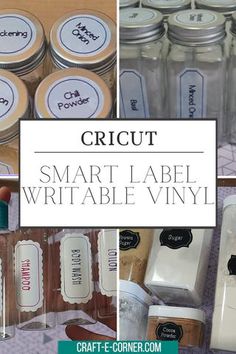 some jars with labels on them sitting next to each other and the words cricut