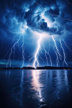 lightning striking over the ocean at night with clouds and water reflecting off it's surface