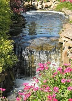 there is a small waterfall in the middle of some flowers and grass with water running down it