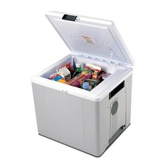 an ice chest with the lid open and food in it's bottom compartment on a white background