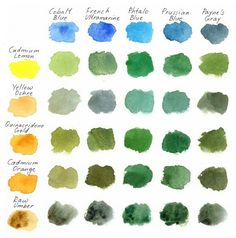 the different shades of watercolors in each color, from green to blue and yellow