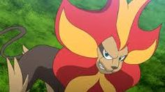 an anime character with red hair and yellow eyes standing in front of green grass, looking at the camera