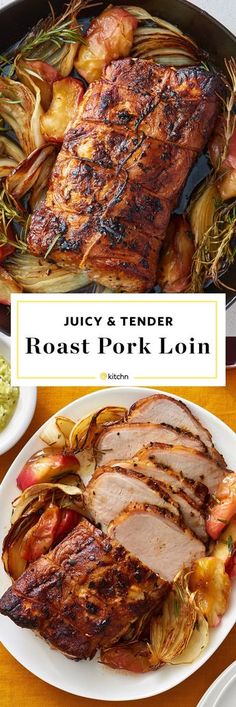 juicy and tender roast pork loin with vegetables on the side