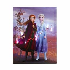 two frozen princesses standing next to each other in front of a purple sky and trees