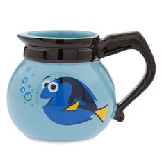 a blue and black mug with an image of a fish on it