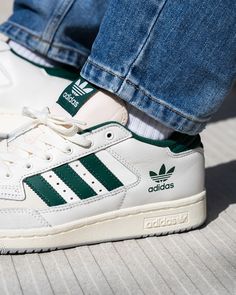 Adidas Centennial 85 Low Cloud White / Team Dark Green / Cream White - GX2214 | Sneaker District Green And White Trainers, Adidas Centennial 85 Low Outfit, Adidas Centennial 85 Low, Green Adidas Shoes, Adidas Centennial, Team Dark, Adidas Outfit Shoes, Adidas Forum Low, Green Trainers