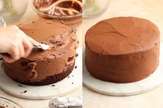 two pictures of a chocolate cake being cut