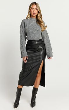 Chantel Midi Skirt - High Waist Ruched Faux Leather Skirt in Black Leather Midi Skirt Outfit, Basic Black Dress, Neon Outfits, Bachelorette Dress, Spring Maxi Dress, Pencil Silhouette, Skirts With Boots, Leather Midi Skirt, Pu Fabric