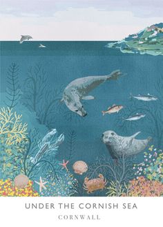 an underwater scene with sea animals and fish in blue water, under the corinsh sea