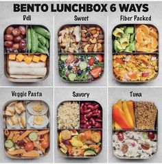 six bento lunchbox 6 ways with different types of food in each compartment, including rice, fruit, veggies, and vegetables