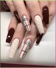 Pink glitter nails for Valentine’s Day #nails #nail #ногти #маникюр Burberry Sweater Nails, Burberry Plaid Nails, Plaid And Sweater Nails, Burgundy And Brown Nails, Plaid Nails Acrylic Fall, Cranberry Color Nails, Sweater Fall Nails, Pink Thanksgiving Nails, Cute Nails Brown