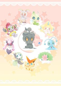 an image of many different pokemon characters in the same circle on a pink and yellow background