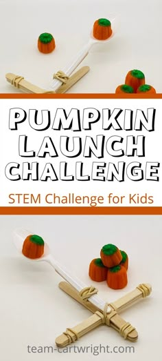 Text: Pumpkin Launch Challenge STEM Challenge for Kids. Top picture: DIY popsicle stick catapult with candy pumpkins for launching. Bottom Picture: Mini punkin chunkin craft stick catapult with candy pumpkins. Fall Science Activities Elementary, Fall Fun Activities For Kids, Fun Easy Science Projects For Kids, October Steam Activities Elementary, Fall Activities For Elementary Kids, Homeschool Fall Party, Fall Stem Activities Elementary, Fall Hands On Activities, Stem Activity Kindergarten