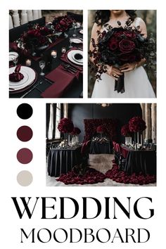 wedding mood board with red and black flowers