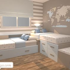 a bedroom with two twin beds and a dresser next to the bed has a world map painted on the wall