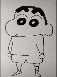 a drawing of a man with big eyes and no pants, standing in front of a white wall