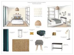 an interior design board with furniture and accessories