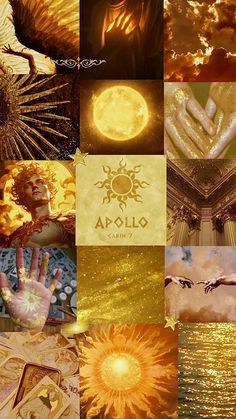 a collage of images with the sun and moon above them in gold, blue, orange