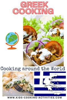 greek cooking around the world with pictures of different food items and text overlaying it