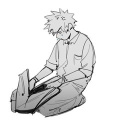 a drawing of a person sitting on the ground with a laptop in his lap and looking at it