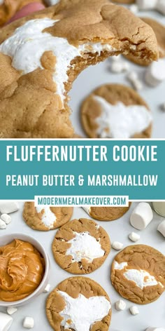 a close up of a cookie with marshmallows on it and the words fluffernutter cookie