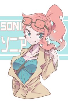 an anime character with glasses and a pink hair, wearing a blue shirt and tan coat