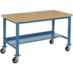 a blue workbench with a cork top and wheels on the bottom is shown