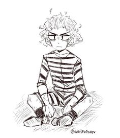 a black and white drawing of a boy sitting on the ground with his legs crossed